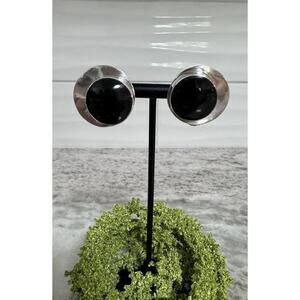 Vintage Sterling Silver Taxco Mexico Onyx Round Button Clip On Earrings